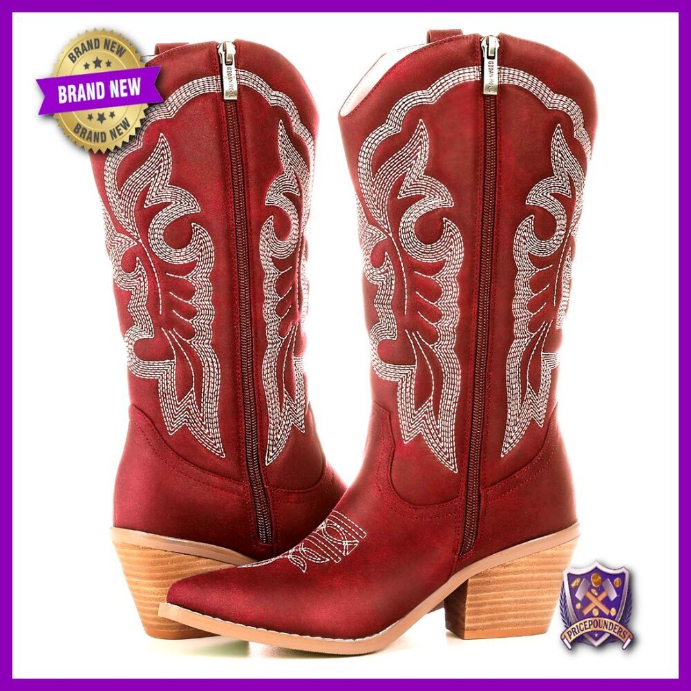 Retro Western Cowboy Boots Chunky Heel Embroidered Pointed Toe Pull-On